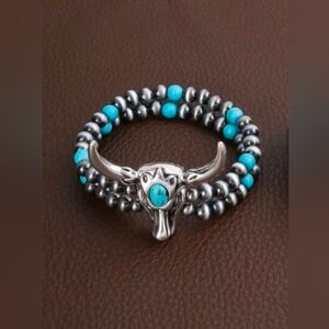 Western Faux Turquoise and Silver Bull Skull Bracelet